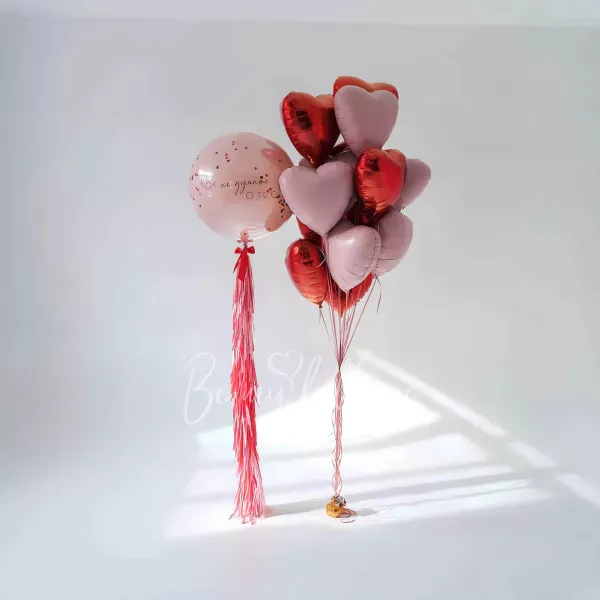 Luxury Pastel Pink Confetti Balloon with Tassel & Red Heart Bunch