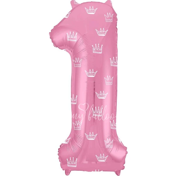 40" بالون هيليوم فويل الرقم 1 اللون بينك لامع مع رسومات التاج