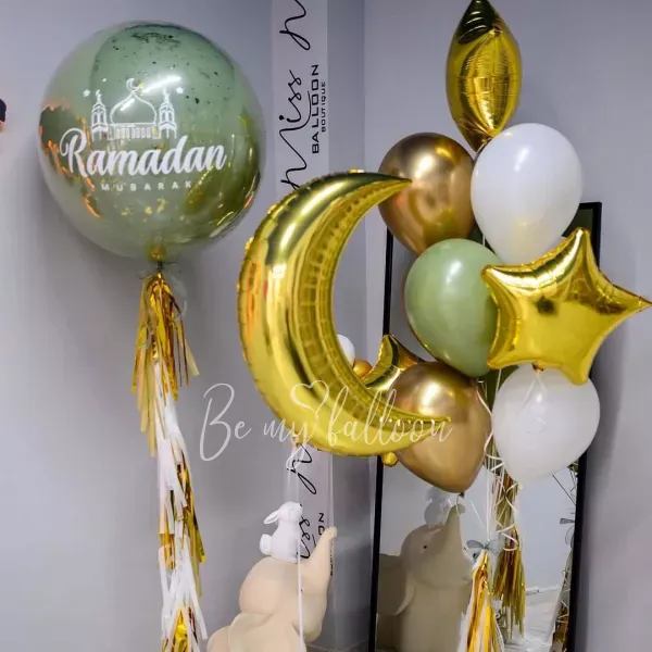 Ramadan Mubarak Balloon Arrangement with Eucalyptus, Gold Crescent, and Star Decor 