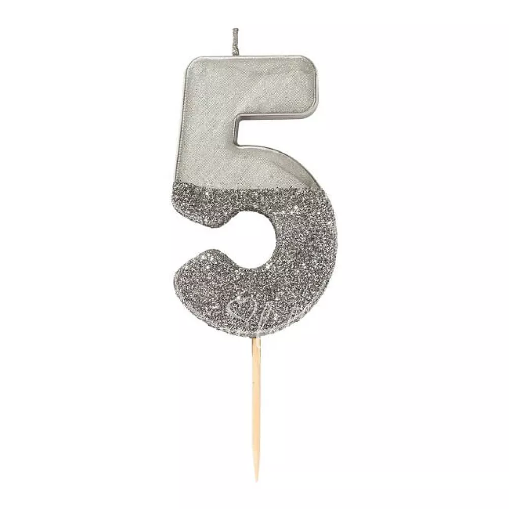 Silver Glitter Number Candle 5