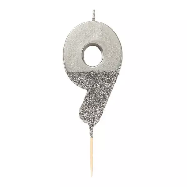 Silver Glitter Number Candle 9