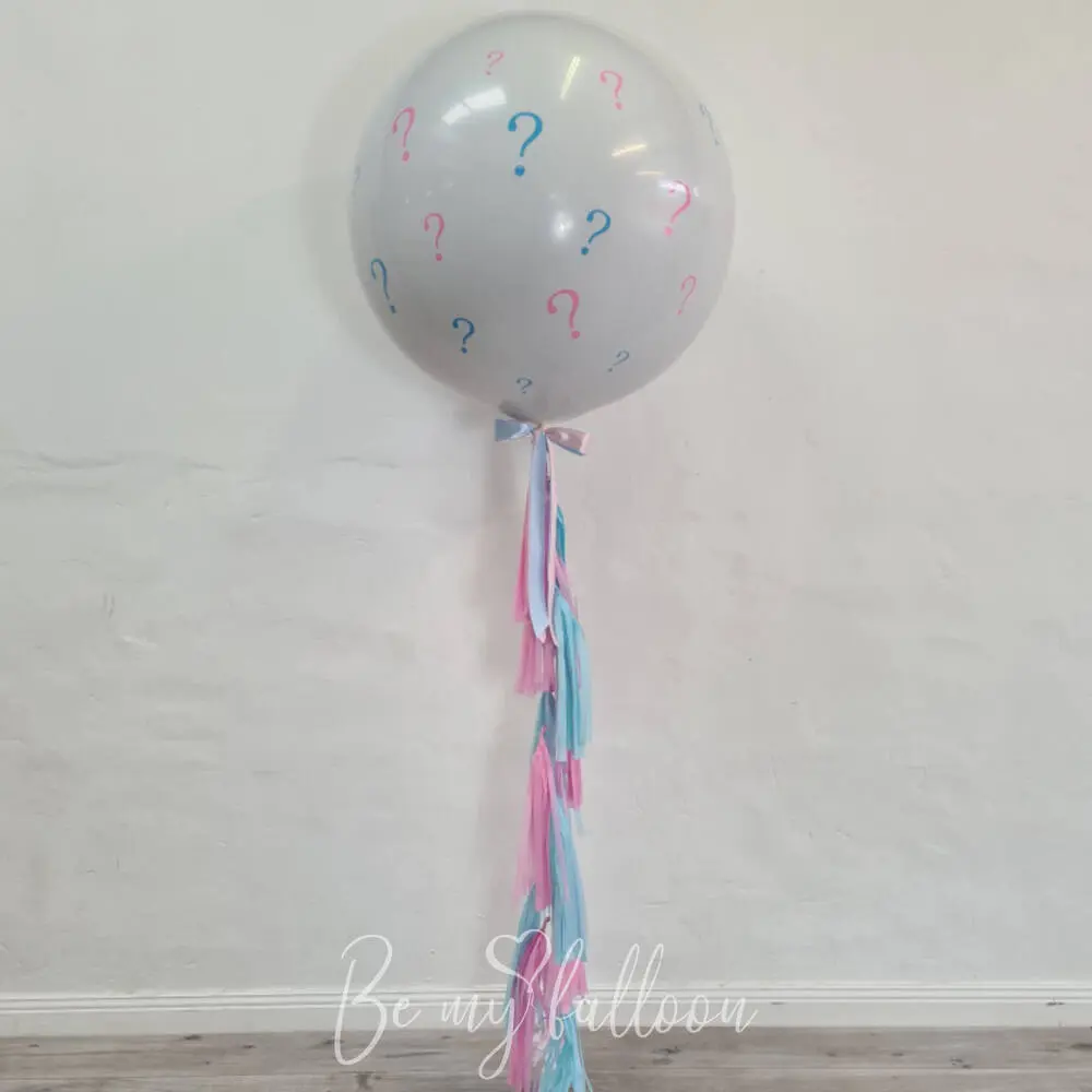 White baby gender reveal balloon 36" with "Questions" confetti or feathers and blue/pink tassel